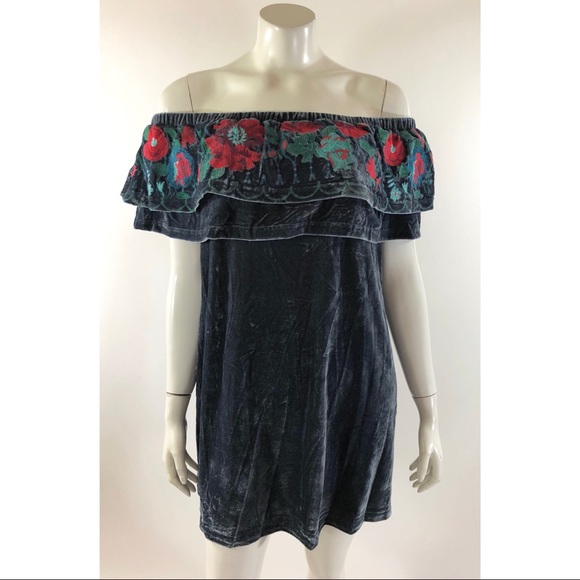 Umgee Off Shoulder Dress Velour Gray Embroidered - Picture 5 of 7